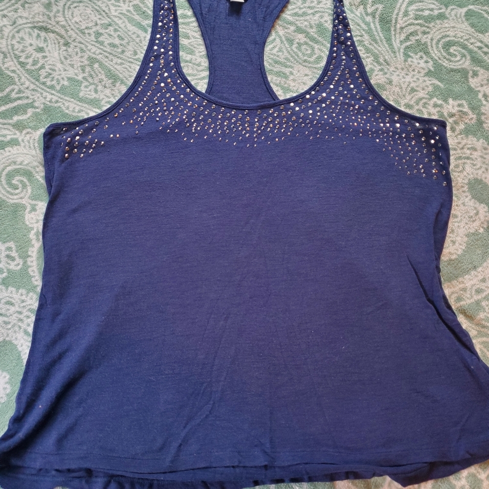 Aerie Women's Juniors Size Large Navy Blue Studded Racerback Top stretch sheer